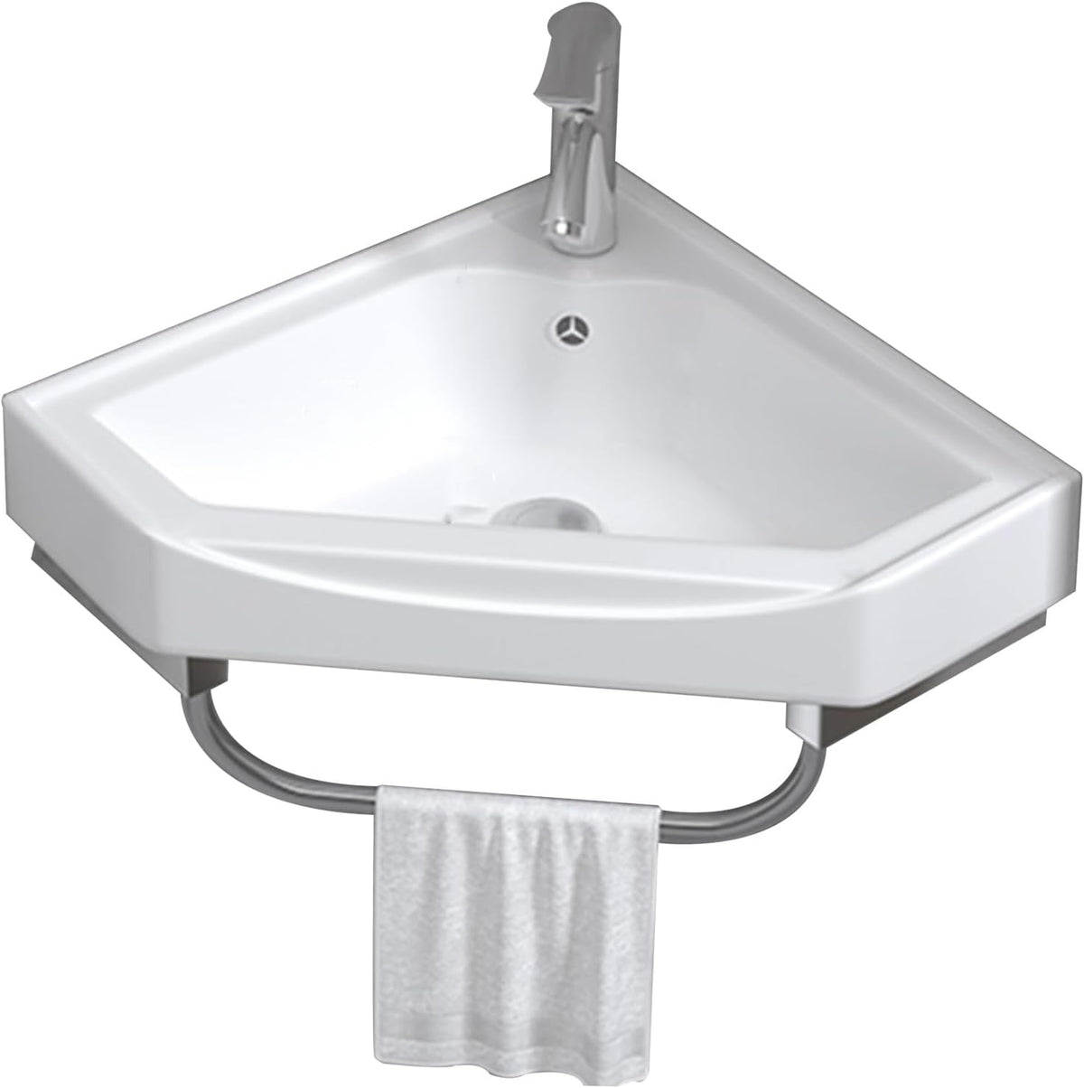 Tocador de baño de esquina suspendido - Cerámica esmaltada y acero inoxidable - Toallero integrado con grifo y desagüe - Diseño triangular para espacios pequeños