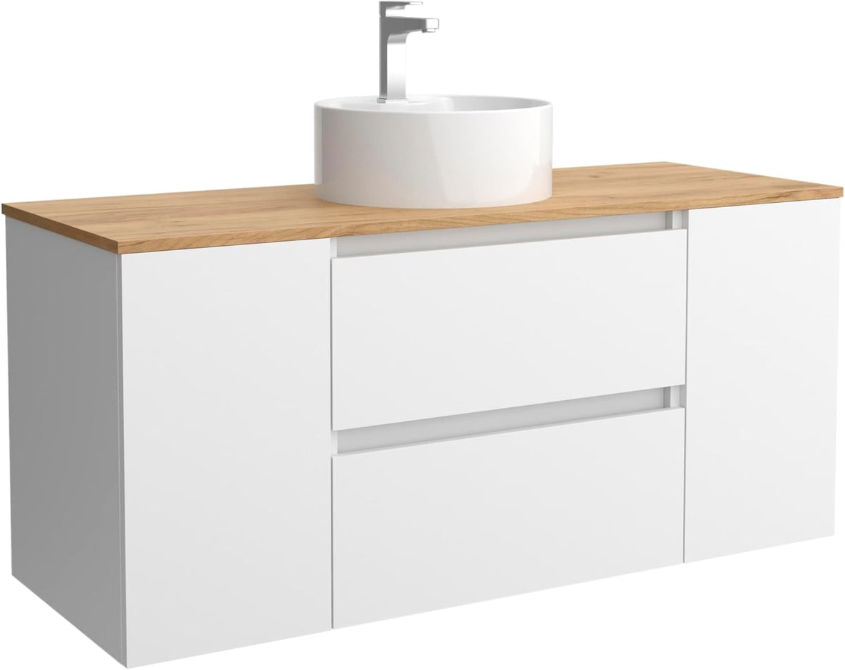 Mueble de baño con lavabo 120 x 45 x 56 cm - Madera blanca resistente a la humedad - Una puerta centrada y encimera - Montaje en pared de estilo moderno