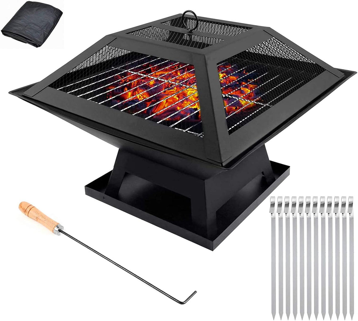 Brasero de leña de 18 pulgadas - Cuenco con pantalla contra chispas y atizador - Rejilla elevada para mejorar el flujo de aire - Para patio terraza camping y jardín