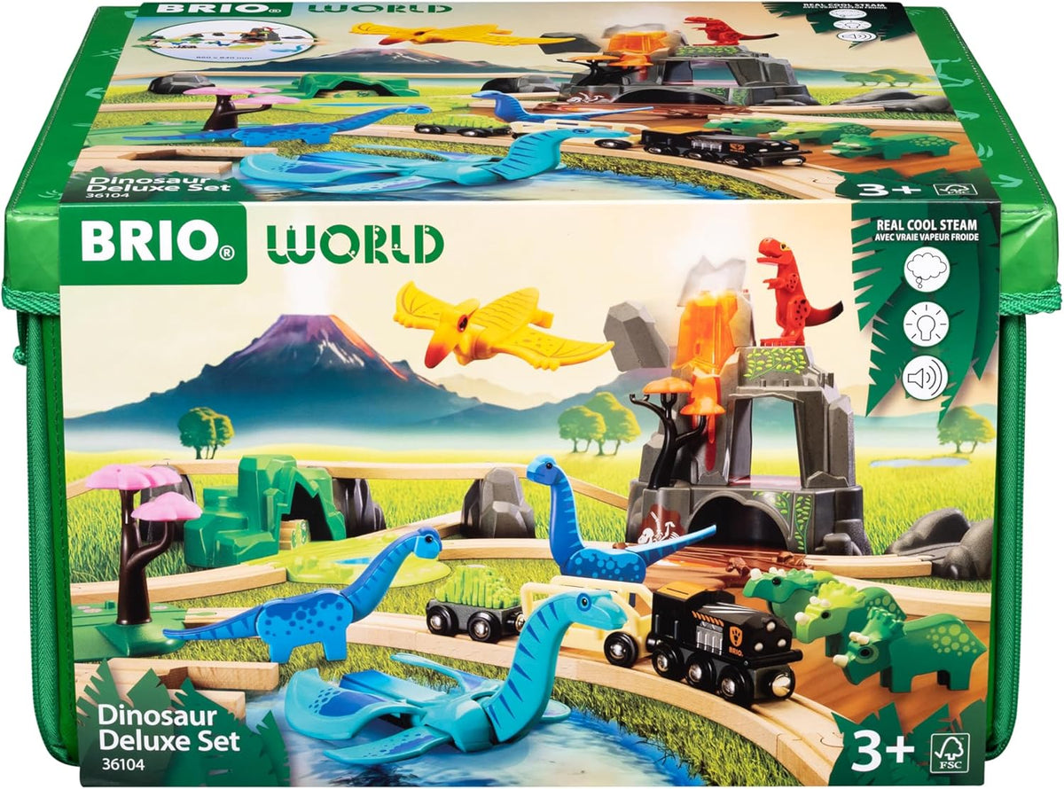 BRIO Jurassic Deluxe kit construccion tren dinosaurios circuito volcan sonidos accesorios juego educativo madera plastico carton 3 anos verde