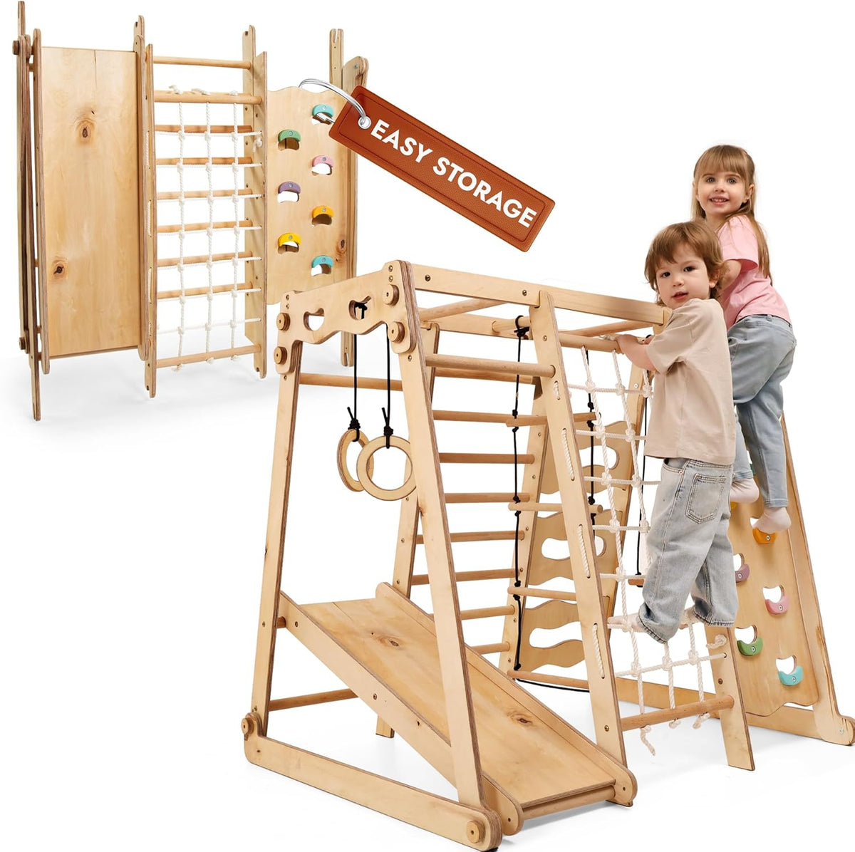 Juego escalada infantil 9 en 1 Montessori - madera con tobogán columpio y espaldera - interior hasta 60 kg