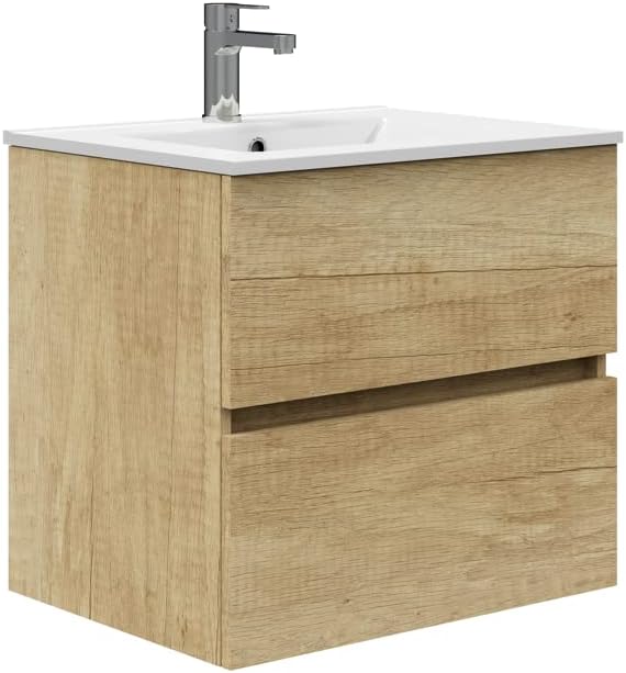 Mueble de baño suspendido con lavabo 50 cm - Melamina de 16 mm color Nature - Dos cajones y mueble montado - Diseño sin espejo para baño