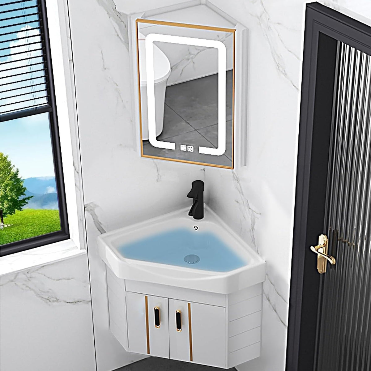 Mueble de baño esquinero con lavabo - Aluminio y cerámica esmaltada - Armario con espejo antivaho y dos estantes - Diseño compacto suspendido para baño