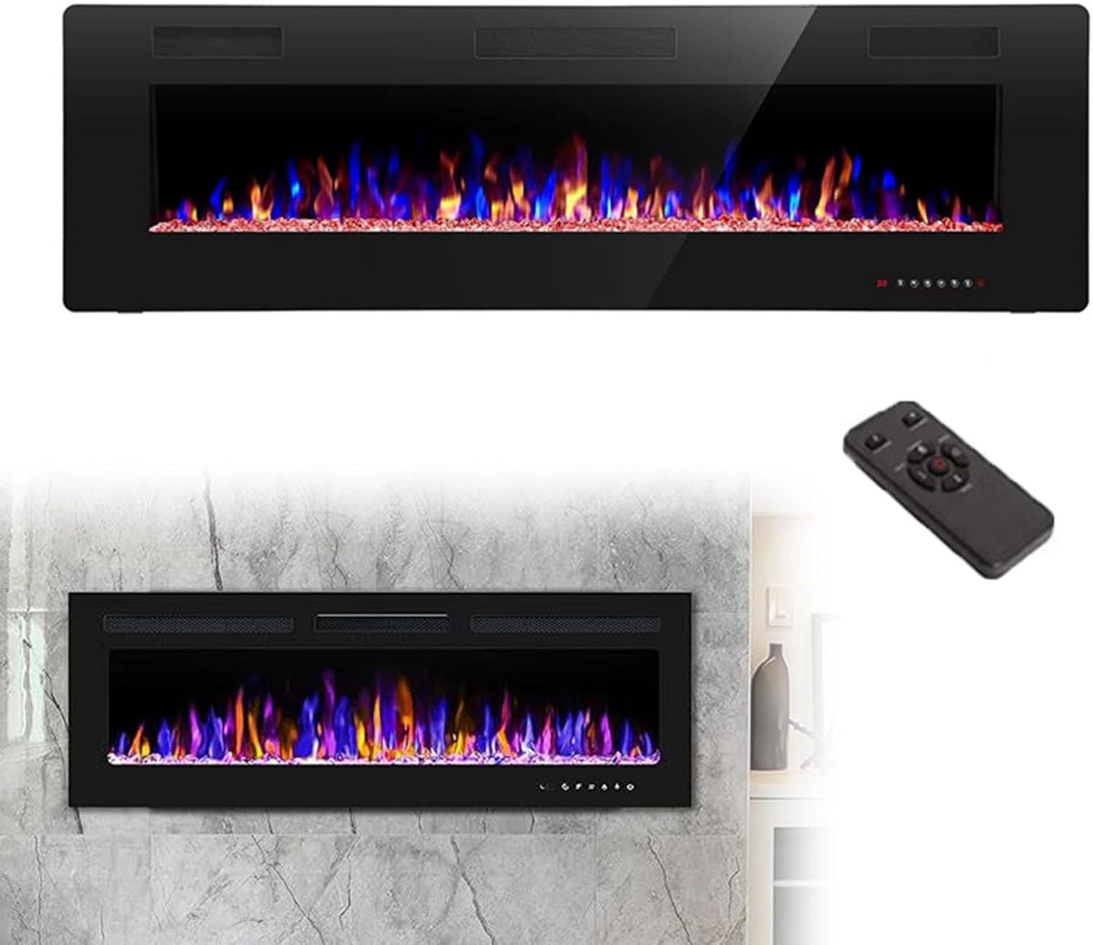 Chimenea eléctrica empotrada 42 pulgadas - Potencia 750 W y 1500 W - 12 efectos de combustión con 5 niveles de brillo - Control remoto para montaje en pared