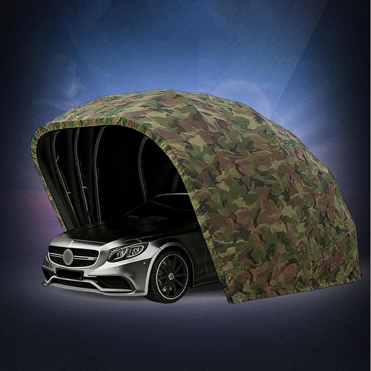 Toldo plegable para coche 5,5 x 2,5 x 2,3 m - Diseño retráctil semiautomático - Bloqueo de suelo accionado con el pie - Refugio camuflaje para exterior