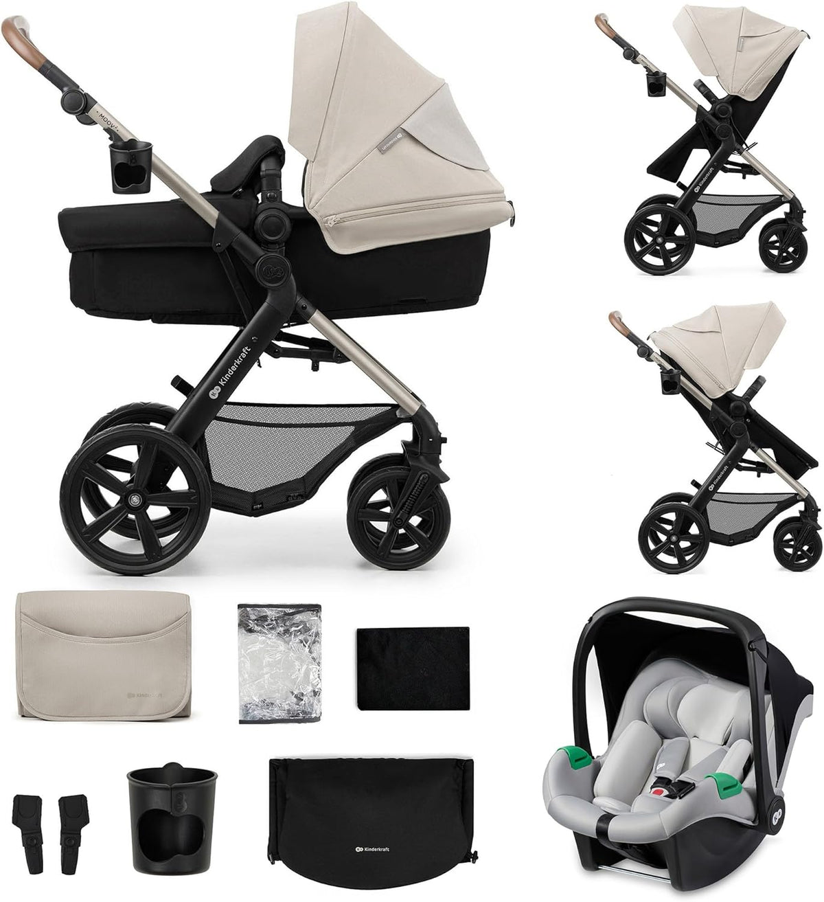 Kinderkraft MOOV2 carrito bebé 3 en 1 - Desde nacimiento hasta 3 años y 22 kg - Mink PRO I-Size con arnés 5 puntos - Marco de aluminio plegable gris EVA