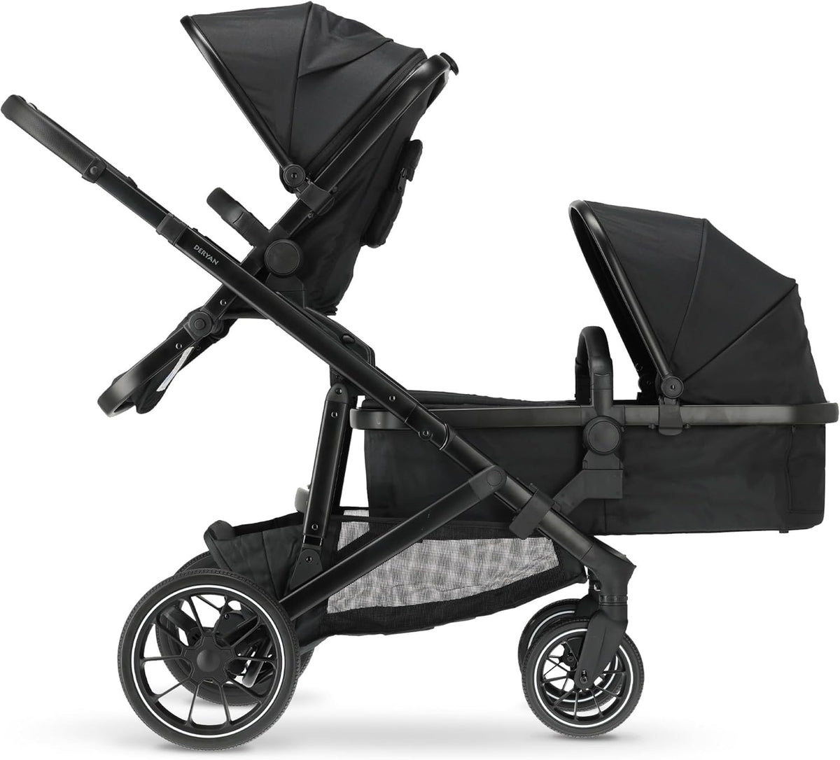 Deryan Evy V2 cochecito doble 2 en 1 - Para 2 niños con carga total hasta 44 kg - Marco de aluminio y arnés 5 puntos - Negro plegable para recién nacidos y niños