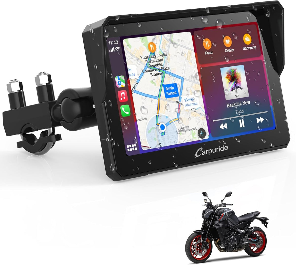 Carpuride W702 Pantalla GPS Moto 7 Pulgadas Carplay Inalámbrico Android Auto Tactil Impermeable Bluetooth Navegación Siri Moto Display - Pantalla GPS Moto Inteligente - Sistema de Navegacion y Multimedia para Motocicleta