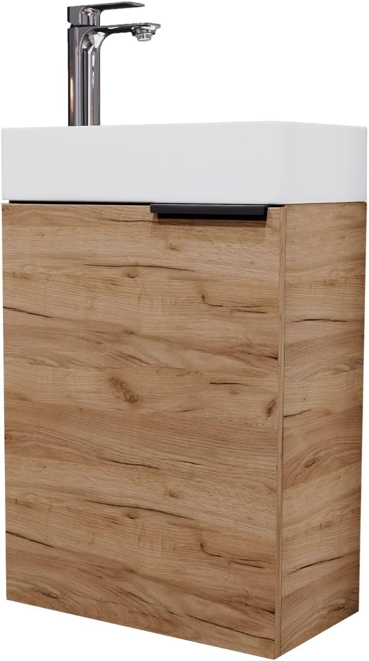 Mueble de baño con lavabo 40 x 22 x 64 cm - Acabado roble dorado y elementos metálicos - Grifería cromada y puerta de cierre suave - Diseño compacto para aseos pequeños