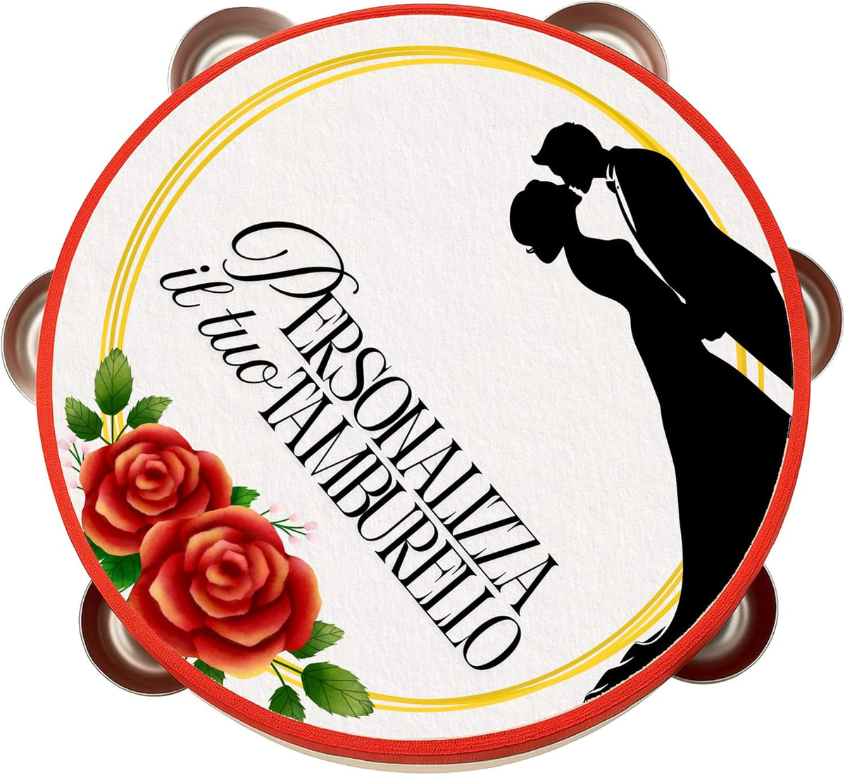 Pandereta Personalizada 18 cm TWO RED FLOWERS Regalo para Bodas Eventos Decoración Musical