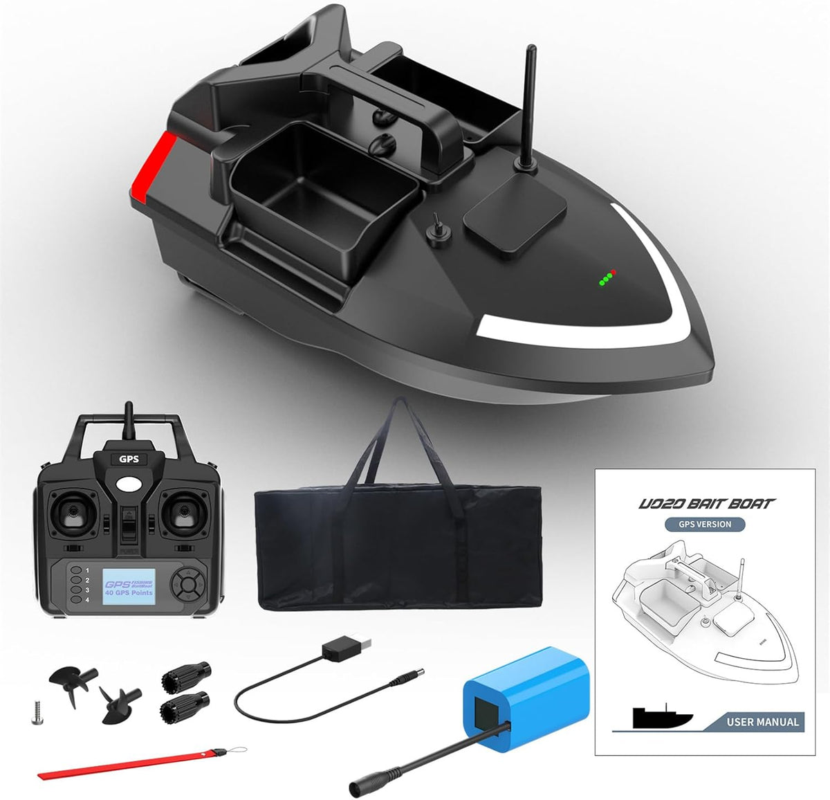 Barco cebo pesca RC GPS 2 kg - ABS con motor dual y batería 12000 mAh - retorno control remoto 500 m