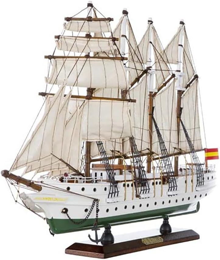 Maqueta Juan Sebastian Elcano artesanal barco decorativo madera 73 cm largo 48 cm alto estilo nautico sobremesa blanco verde