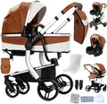 Cochecito de bebé 3 en 1 - Cuero PU color caqui y marco de aluminio - Dos modos de empuje reversibles y arnés de 5 puntos - Plegado con un solo clic hasta 30 kg