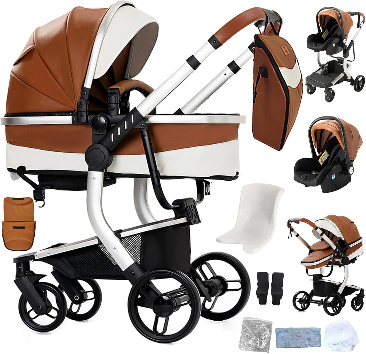 Cochecito de bebé 3 en 1 - Cuero PU color caqui y marco de aluminio - Dos modos de empuje reversibles y arnés de 5 puntos - Plegado con un solo clic hasta 30 kg