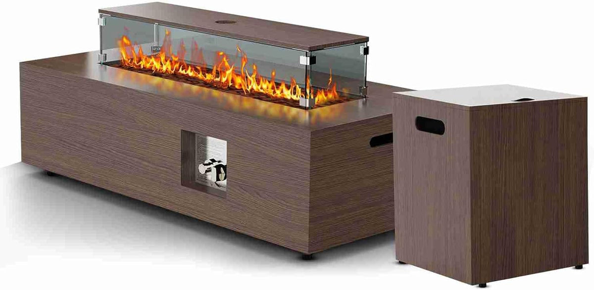 Mesa de fuego a gas de 42 pulgadas - Formato de 113 x 57 x 40 cm para exterior - Protector de viento de cristal integrado - Diseño marrón efecto madera para patio y jardín