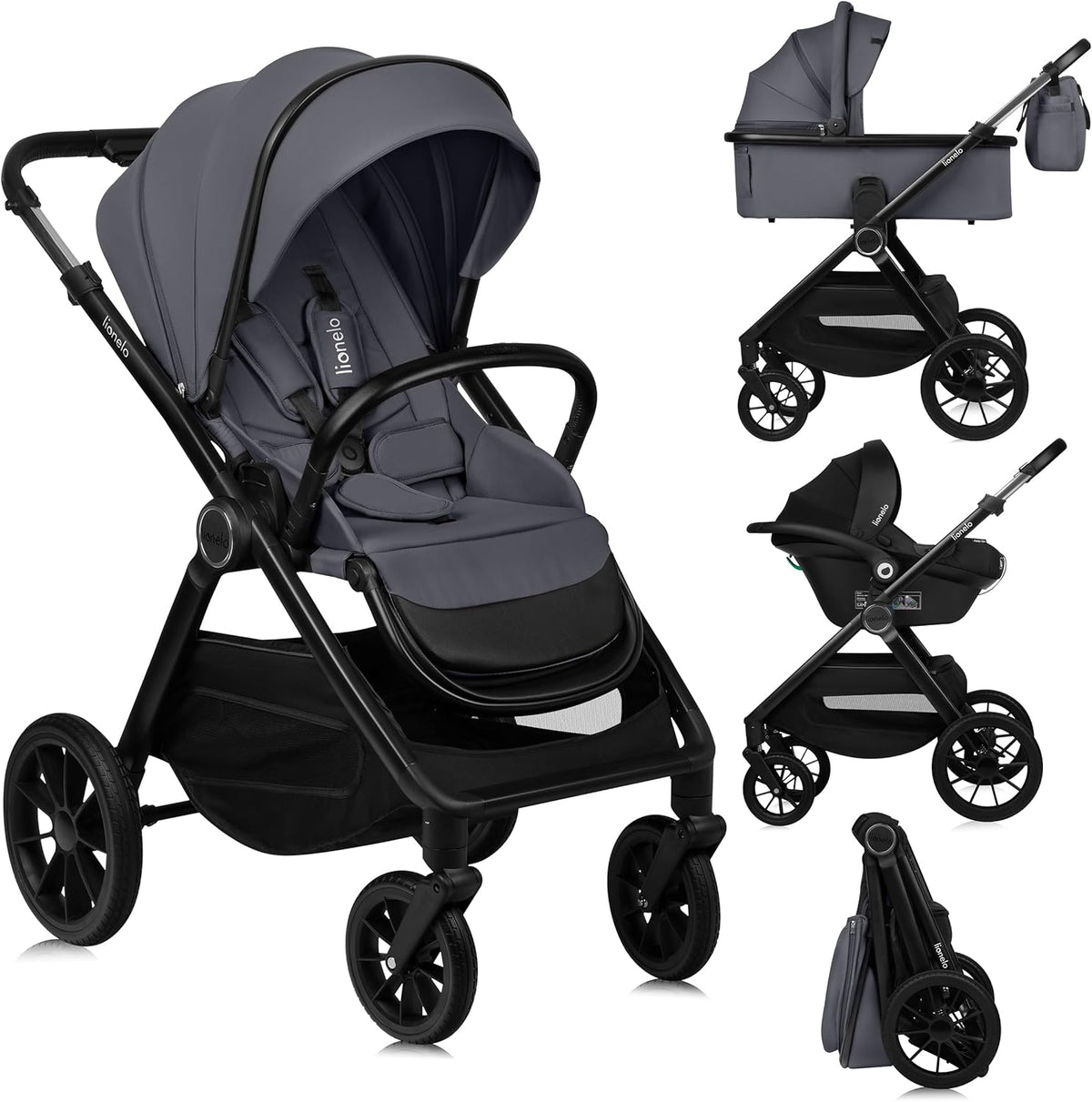 Silla de paseo 3 en 1 - Aluminio poliéster y PU color Grey Stone - Capazo respaldo ajustable y ruedas giratorias 360 - Hasta 22 kg de 0 a 48 meses