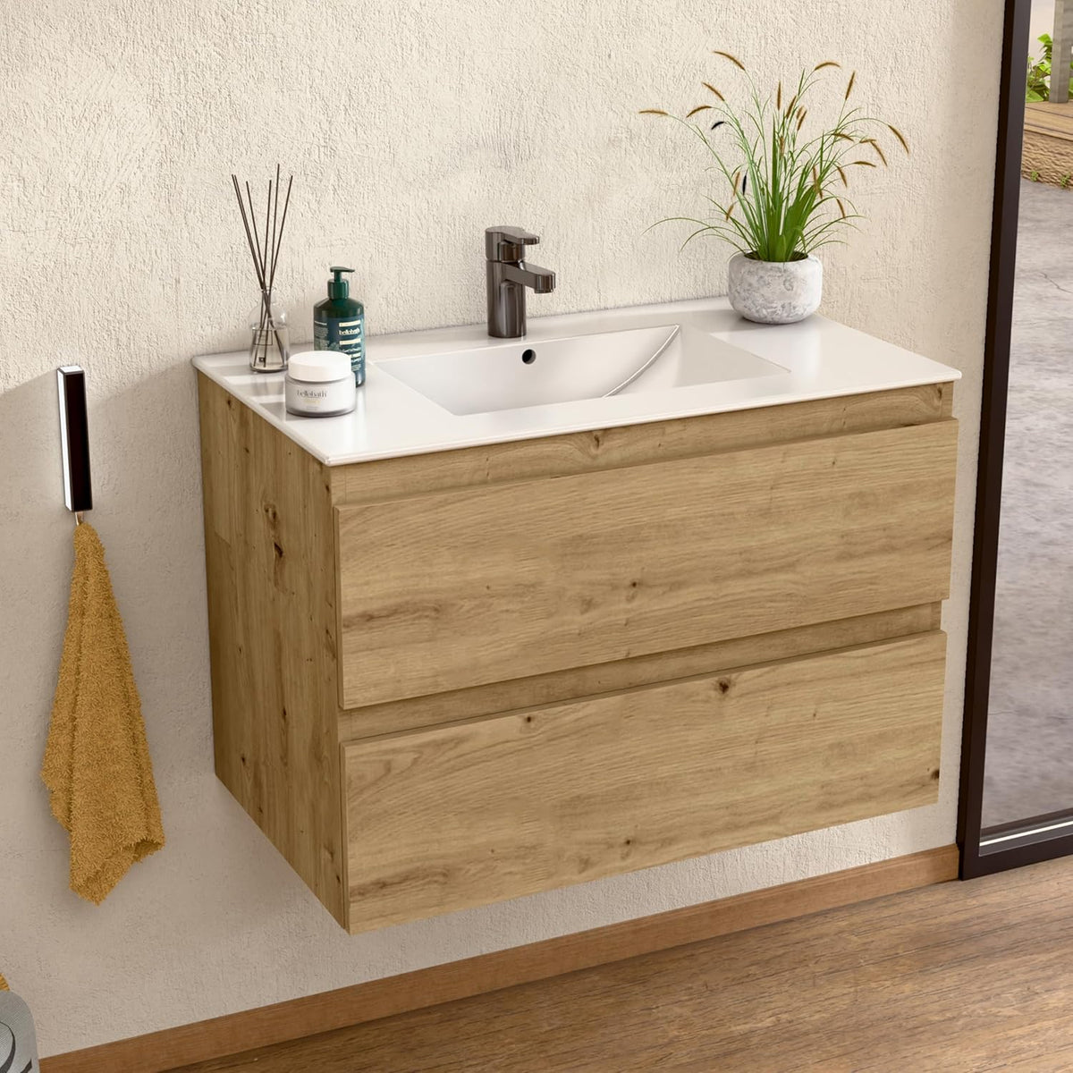 Mueble de baño suspendido con lavabo cerámico 80 x 55 x 46 cm - Acabado roble - Dos cajones y encimera - Conjunto montado para baño
