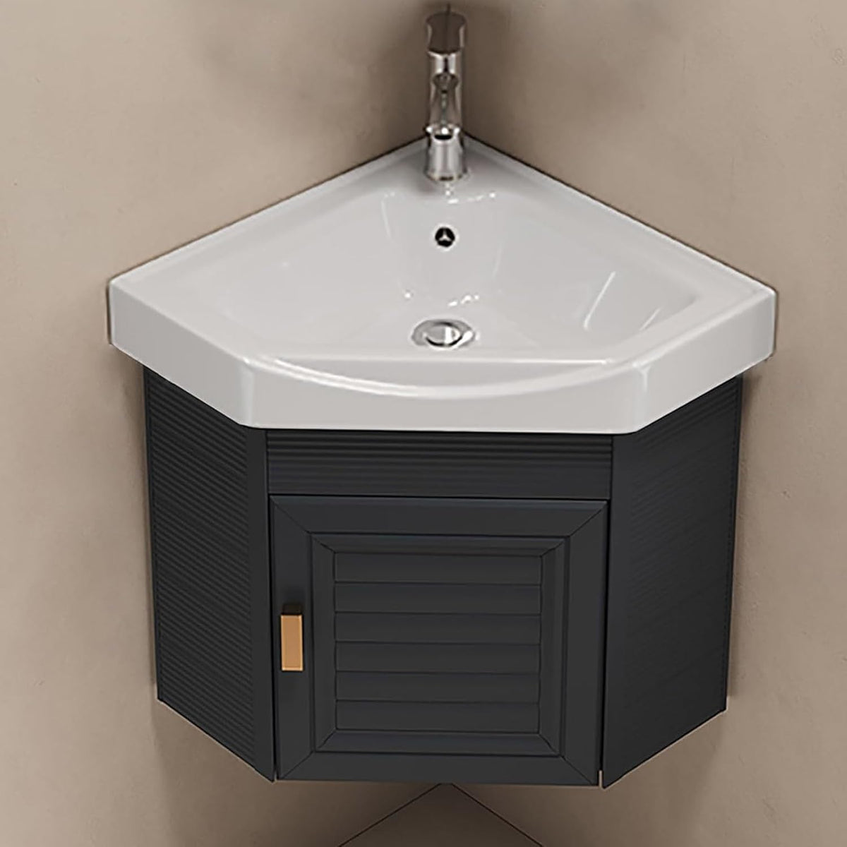 Lavabo esquinero flotante para baño - Cerámica blanca con armario de almacenamiento - Bisagras de acero inoxidable 304 - Diseño compacto para baños pequeños