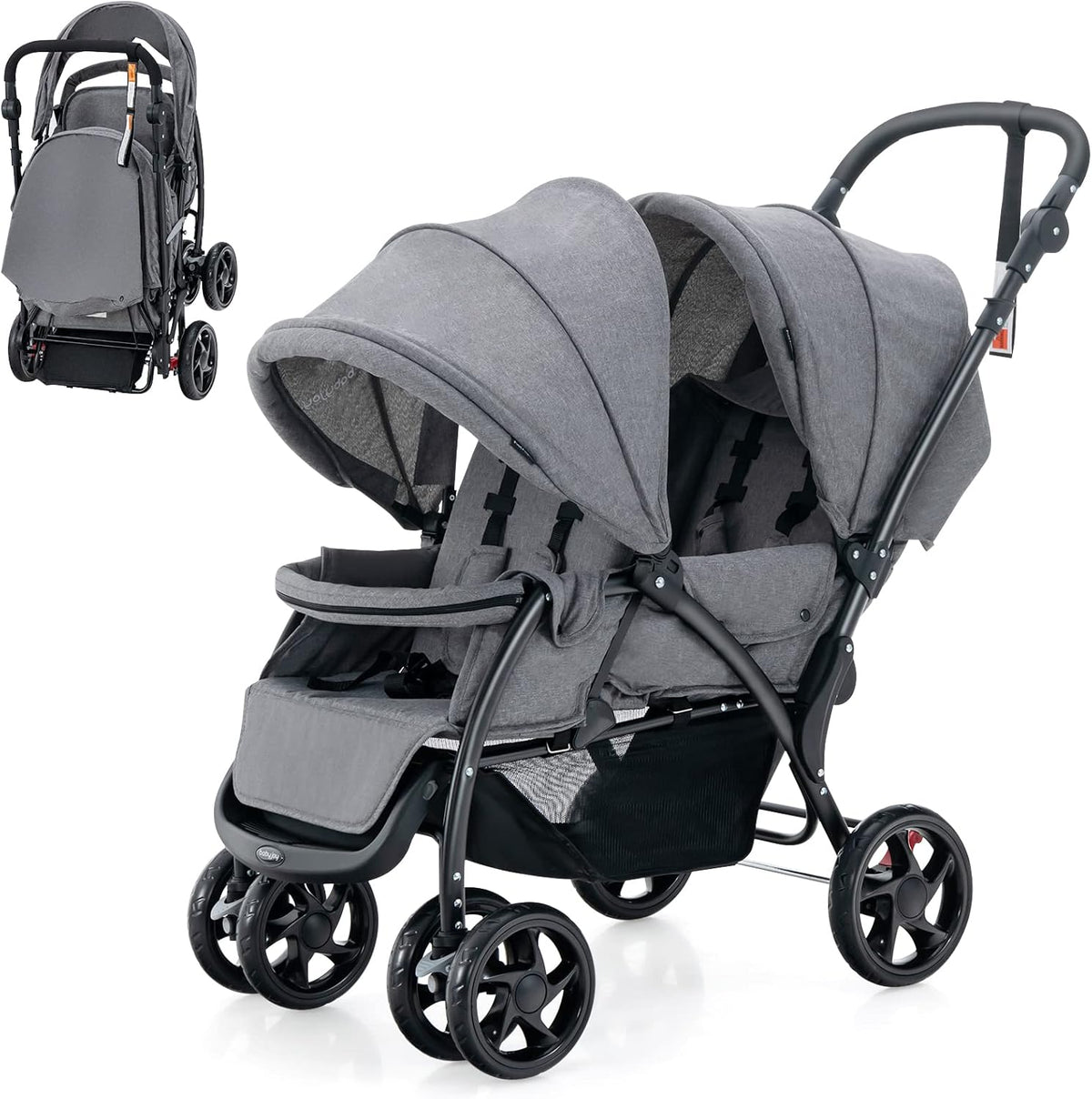 Carrito gemelar plegable - Hierro y EVA color gris - Dos plazas con cinturón de 5 puntos y respaldo ajustable - Ruedas bloqueables hasta 30 kg