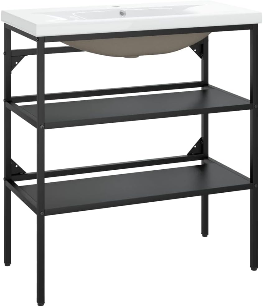 Estructura de baño con lavabo incorporado - Metal acabado negro - Soporte de suelo con estanterías abiertas - Diseño moderno para zona de aseo