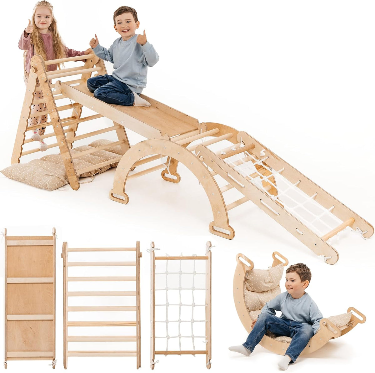 5 en 1 Montessori Juego de Escalada Interior para Niños Pequeños Gimnasio de Madera con Arco Escalera Triangular Red Rampa y Cojín para Desarrollo Motor y Juego Activo