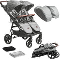 Silla de paseo gemelar - Aluminio nailon cuero y plástico color gris - Respaldos y reposapiés ajustables - Cochecito tándem compacto hasta 32 kg