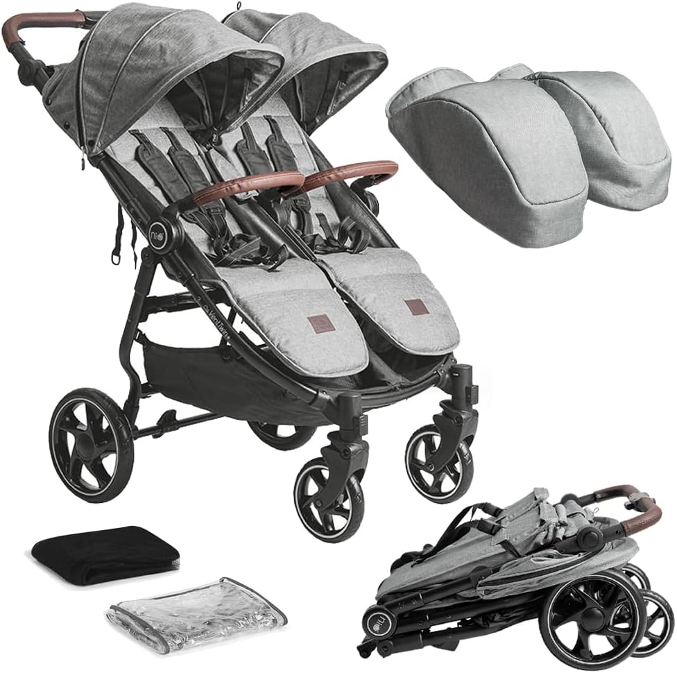 Silla de paseo gemelar - Aluminio nailon cuero y plástico color gris - Respaldos y reposapiés ajustables - Cochecito tándem compacto hasta 32 kg