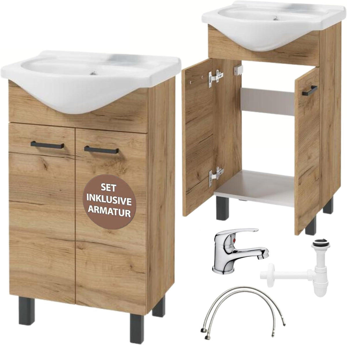 Mueble de baño con lavabo 85 x 50 x 41 cm - Tablero laminado acabado roble artesanal - Armario bajo lavabo con montaje en suelo - Diseño moderno para baño