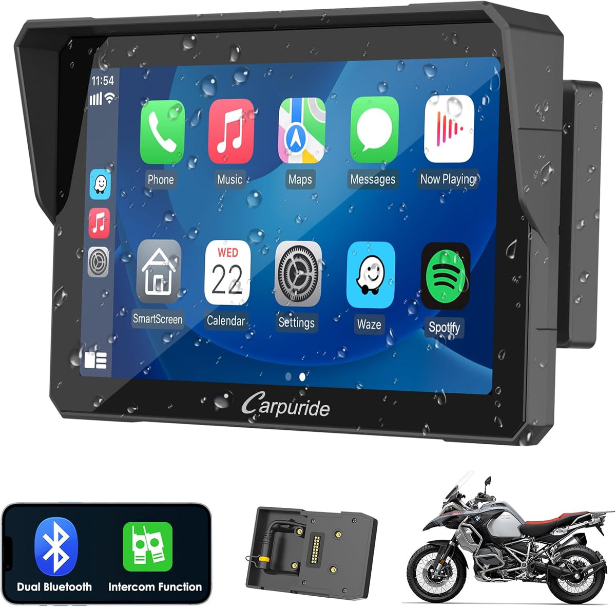 Carpuride W702B Pro Pantalla Carplay Moto BMW 7 Pulgadas Impermeable Tactil Inalámbrico Android Auto Bluetooth Intercom GPS Navegación Soporte Moto Display - Pantalla Carplay Moto BMW Profesional - Sistema de Navegacion Avanzado para Motocicleta