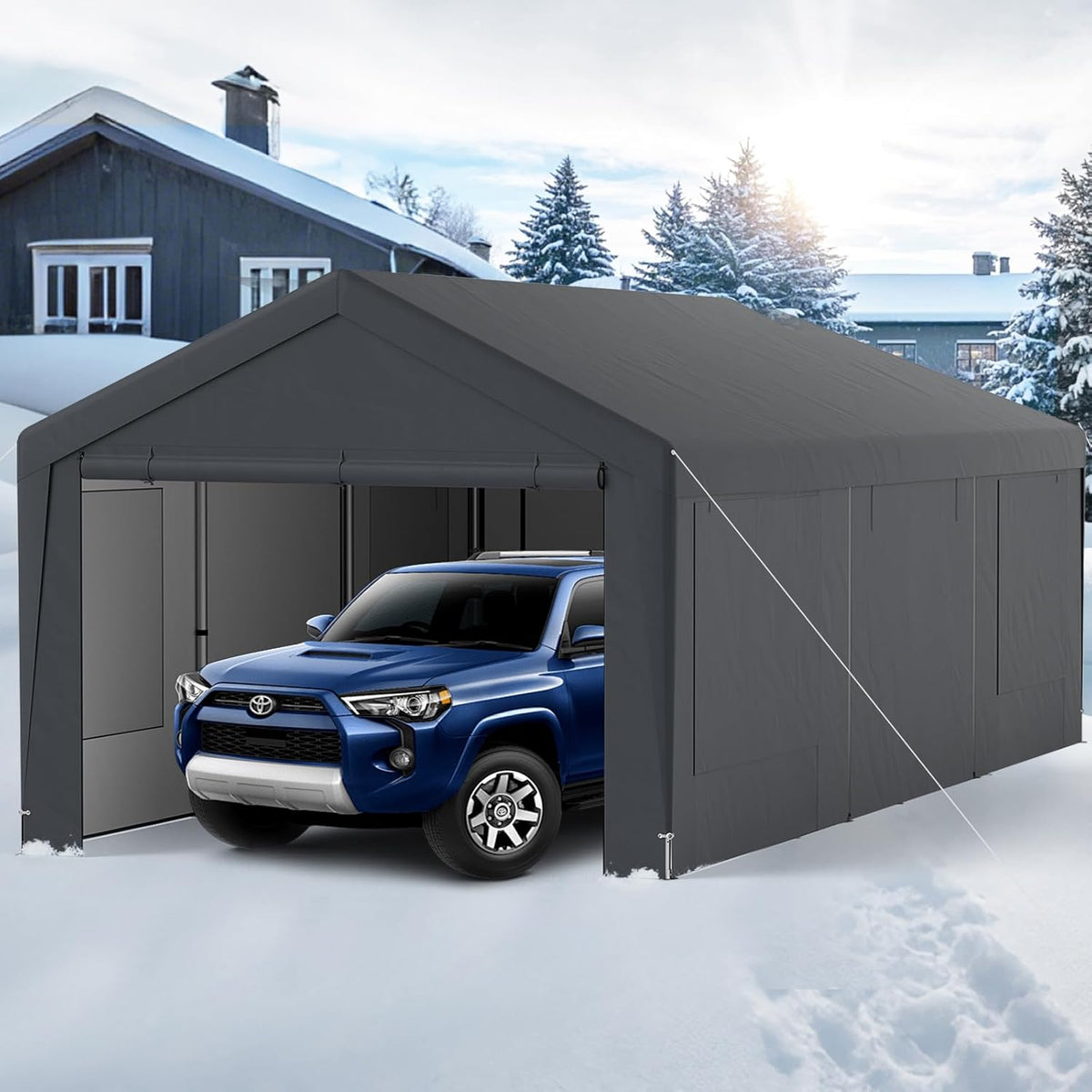 GOPLUS carpa garaje impermeable 3 x 6 m - Marco de acero aleado y 8 paredes desmontables - Protección UV para coche barco y mercado - Refugio exterior gris