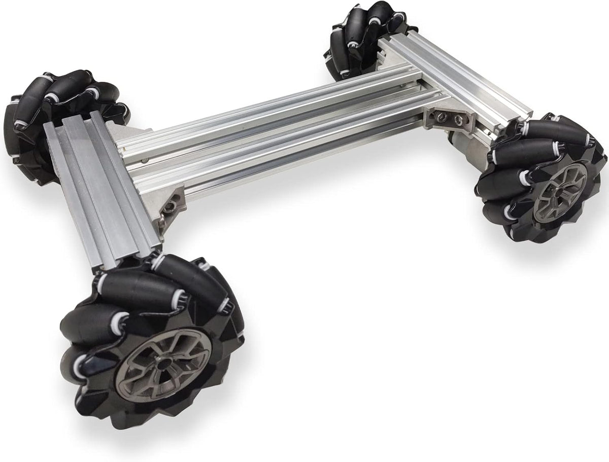 Kit chasis robotico 4WD mecanum 97 mm plataforma movil control remoto AGV educacion cientifica aluminio plata montaje robot educativo