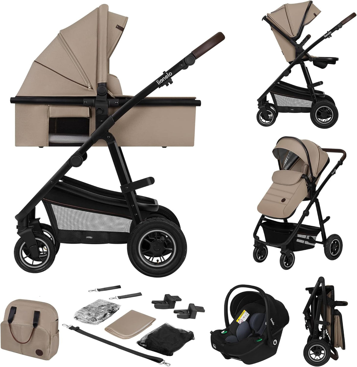 Cochecito de bebé 3 en 1 - Aluminio beige con poliéster y poliuretano - Capazo silla de paseo y asiento de coche - Plegable hasta 22 kg