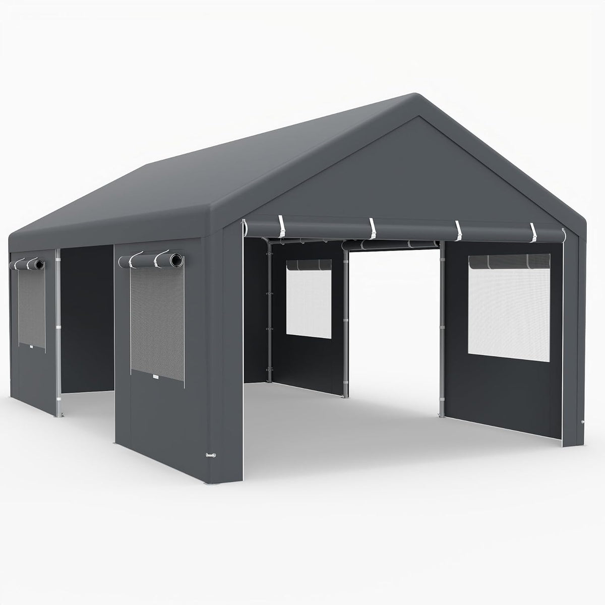 GOPLUS carpa garaje 3,63 x 6 m - Estructura metálica y lona PE impermeable - Paredes desmontables con ventanas y puerta - Cochera gris para SUV y exterior