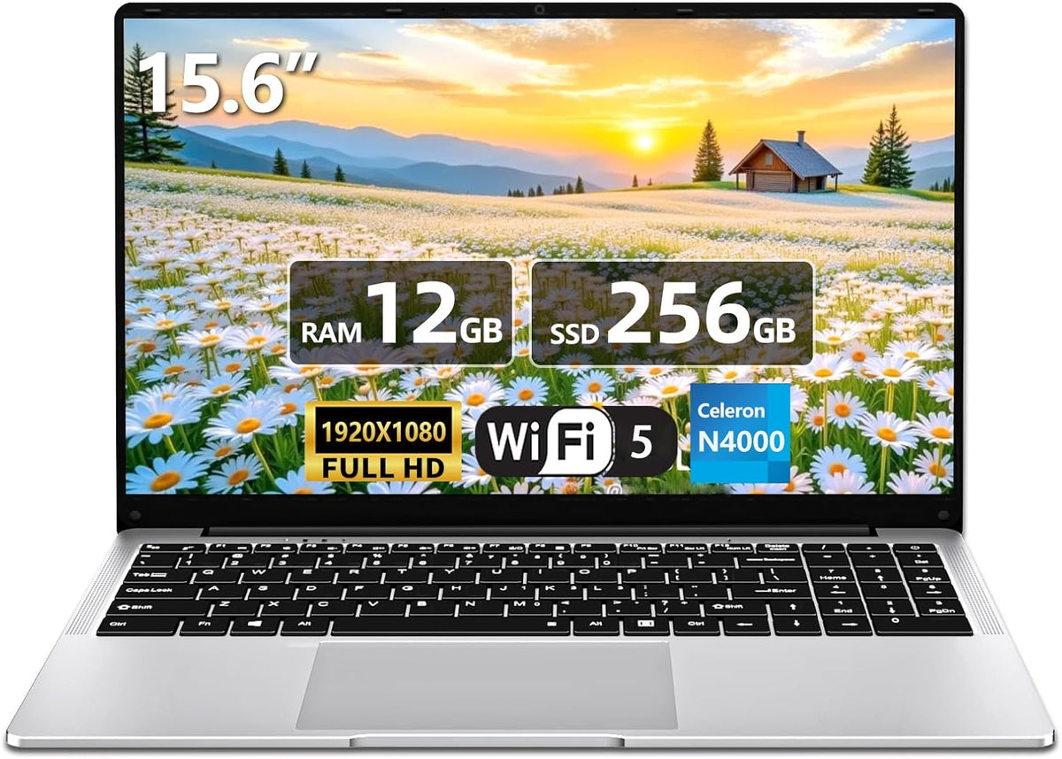 Portátil 15,6 pulgadas IPS FHD plateado - Celeron N4000 12GB DDR4 256GB SSD - Win 11 Pro 180 grados