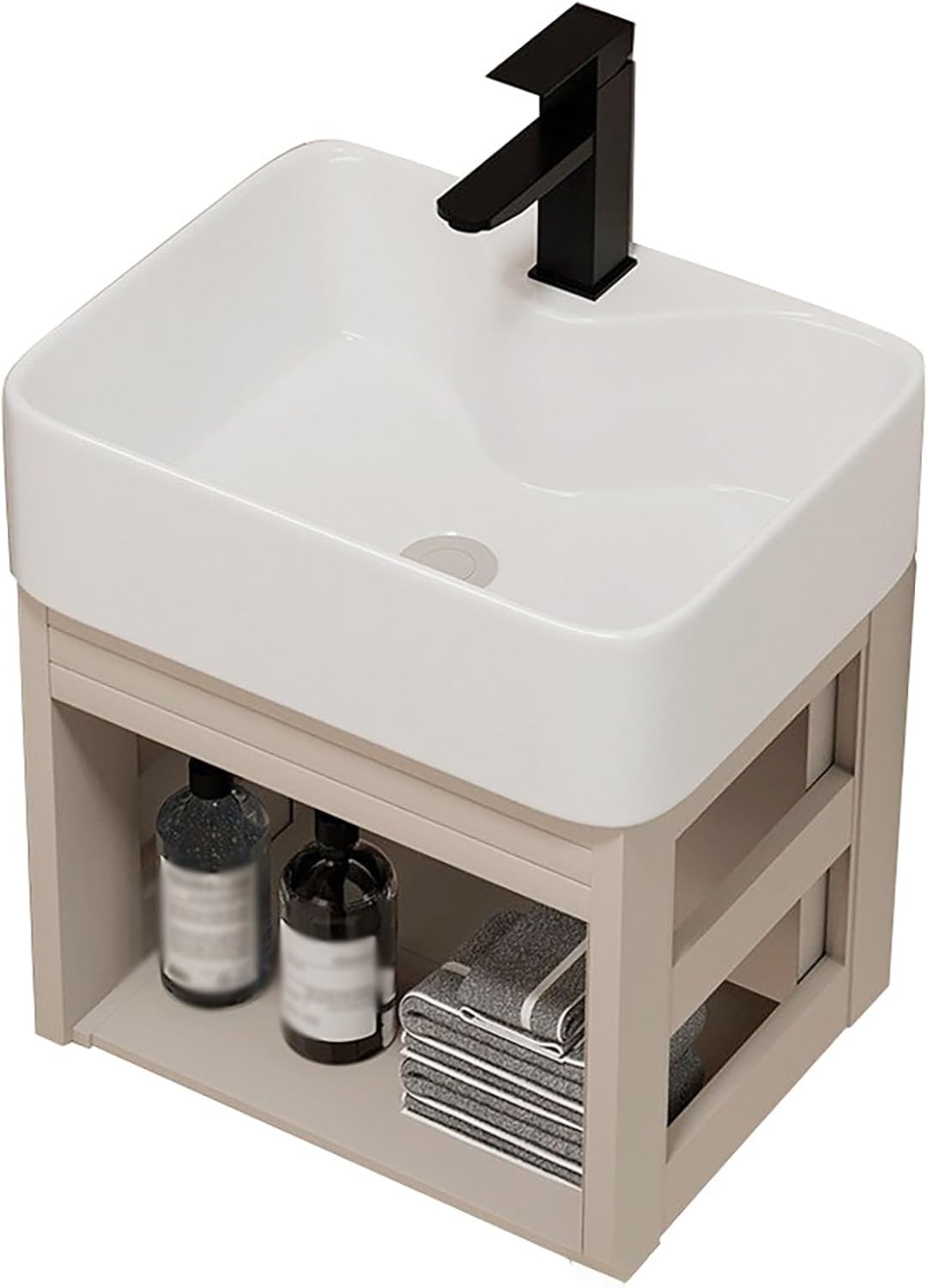 Tocador flotante 23,6 pulgadas con lavabo - Estructura de aluminio resistente a humedad - Estante abierto y grifo de agua fría y caliente - Para baño lavandería y cocina