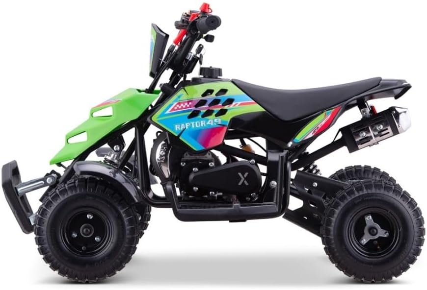 Miniquad infantil gasolina Raptor R4 49cc ATV verde vehiculo todoterreno niños 4 a 10 anos acero carbono mezcla gasolina montaje requerido aventura off road