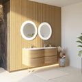 Mueble de baño con lavabo doble 140 cm - Acabado madera de tono medio - Lavabo doble curvo de resina - Diseño contemporáneo para baño amplio