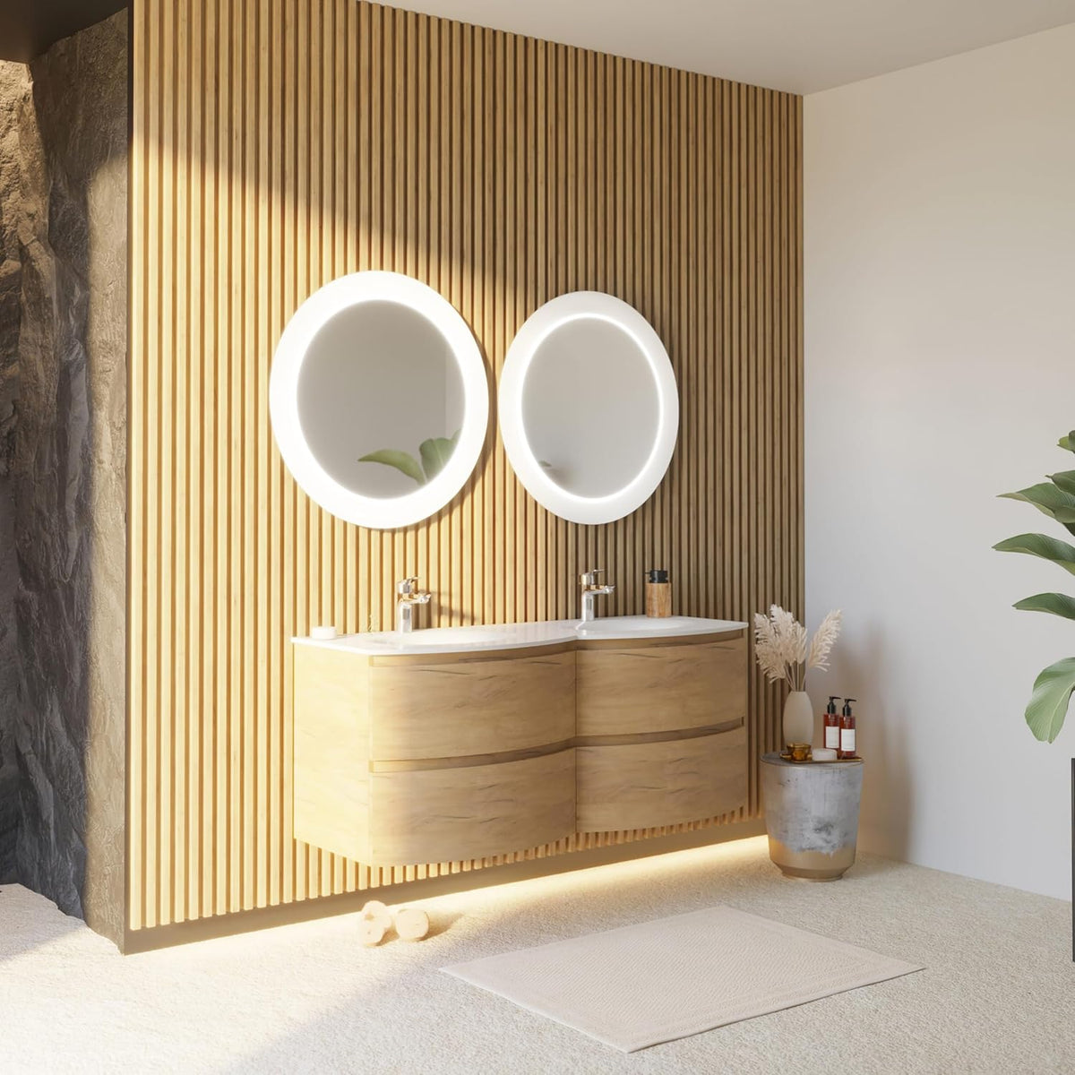 Mueble de baño con lavabo doble 140 cm - Acabado madera de tono medio - Lavabo doble curvo de resina - Diseño contemporáneo para baño amplio