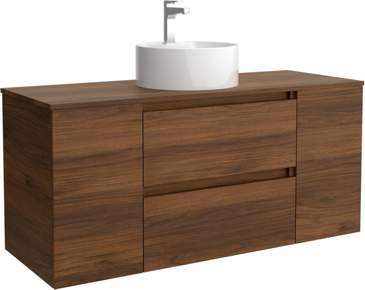 Mueble de baño Bequia 120 cm - Madera acabado nogal 120 x 45 x 56 cm - Encimera para lavabo de sobreponer con 1 puerta - Suspendido moderno resistente a la humedad