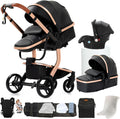 Cochecito bebé 3 en 1 L518 Black - Cuero PU con marco de aluminio y hasta 30 kg - Plegado de un clic y empuje reversible - Con portabebés bolso cambiador y arnés 5 puntos