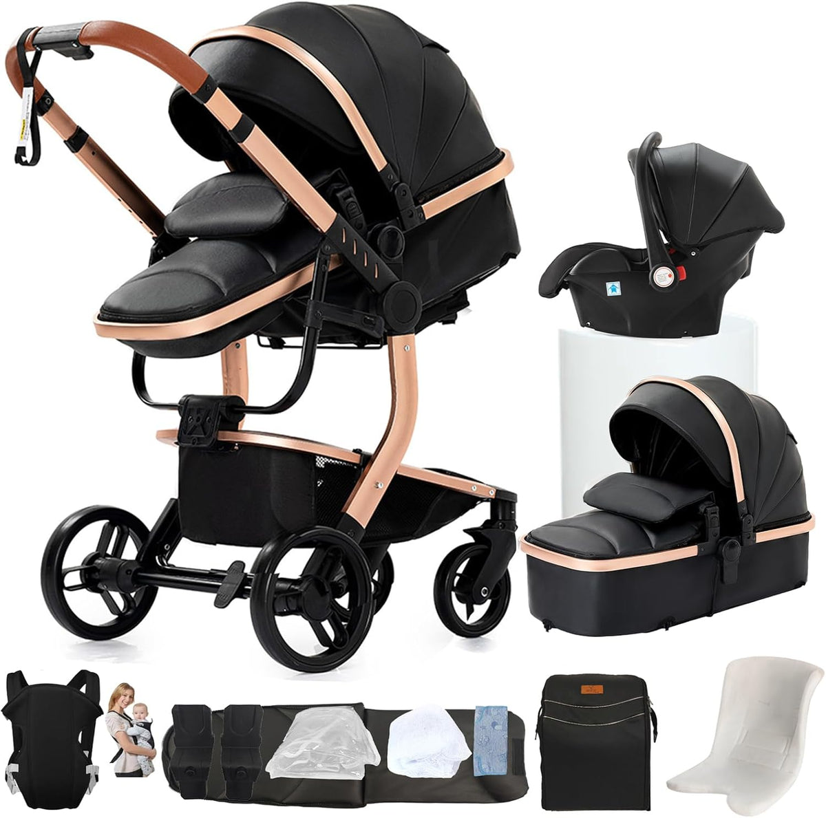 Cochecito bebé 3 en 1 L518 Black - Cuero PU con marco de aluminio y hasta 30 kg - Plegado de un clic y empuje reversible - Con portabebés bolso cambiador y arnés 5 puntos