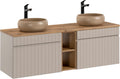 Mueble de lavabo doble 140 x 46 x 46 cm - MDF laminado beige con encimera de roble - Diseño colgante con fresado vertical - Almacenamiento para baño
