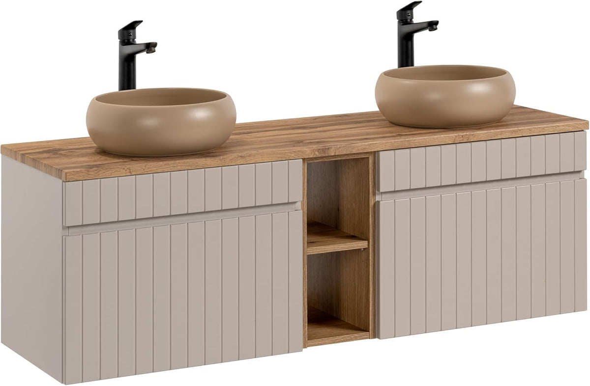 Mueble de lavabo doble 140 x 46 x 46 cm - MDF laminado beige con encimera de roble - Diseño colgante con fresado vertical - Almacenamiento para baño