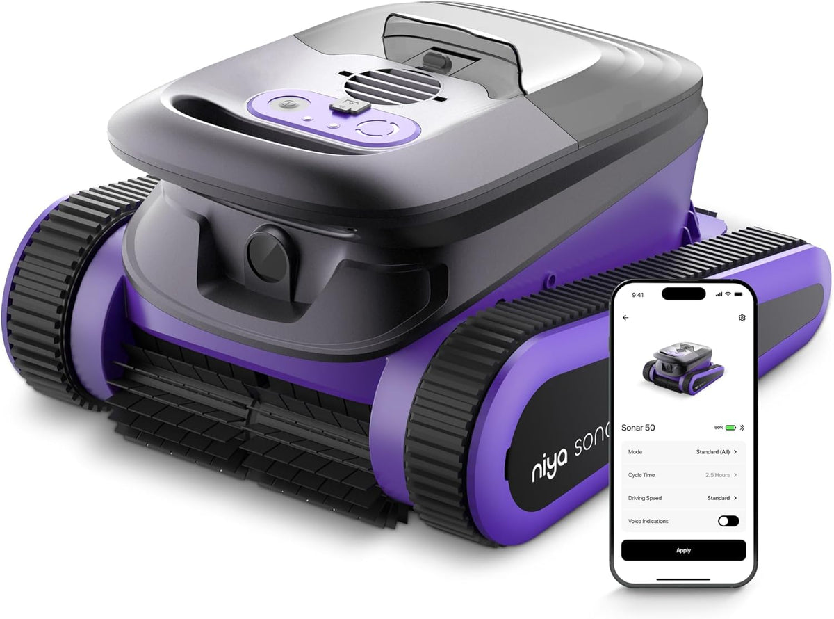 Niya Sonar 50 Robot limpiafondos sin cable - Para piscinas de hasta 12 m con limpieza de fondo y línea de flotación - Cepillado intensivo - Batería recargable y diseño portátil