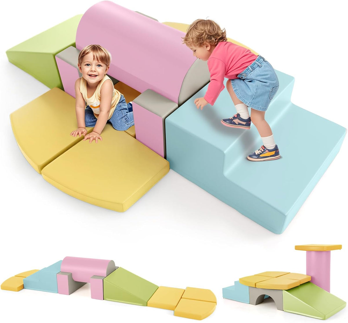 Bloques espuma infantiles 10 piezas amarillo - cuero artificial y espuma resiliente - escalada 12 a 36 meses