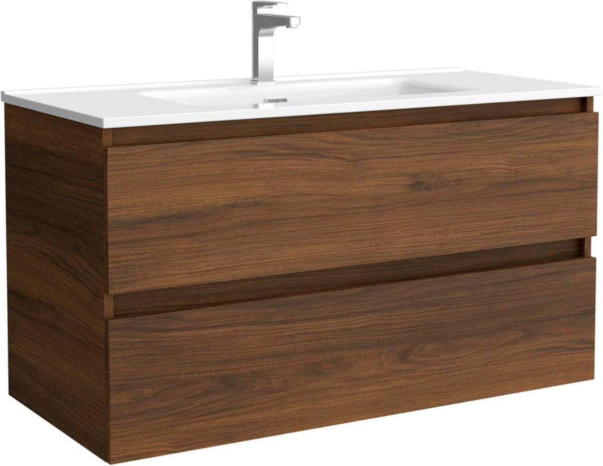 Mueble de baño con lavabo 100 x 45 x 56 cm - Acabado nogal - Lavabo cerámico integrado - Diseño moderno para almacenamiento de baño