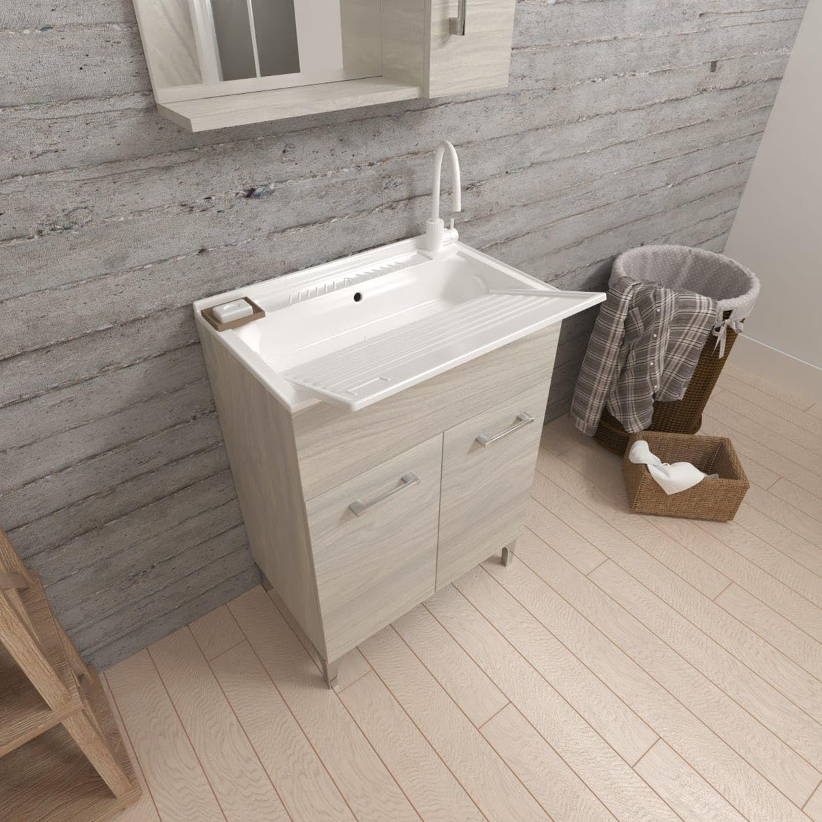 Mueble de baño con lavabo 60 x 5 x 83 cm - Madera de ingeniería color madera clara - Dos puertas y montaje en suelo - Diseño de panel liso