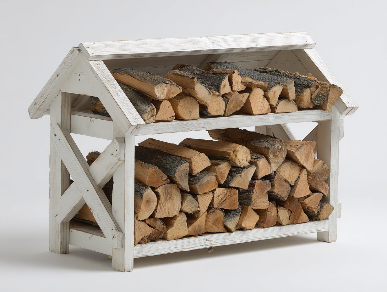 Leñero de jardín de madera con tejado inclinado 130x60x115 cm - Blanco-Natural - Diseño rústico exterior