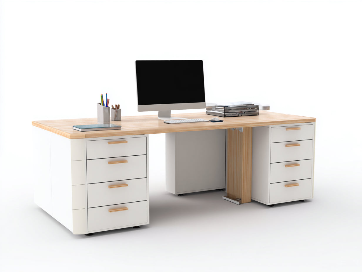 Mesa de oficina con 8 cajones MDF y madera 180x70x75 cm - Blanco-Natural - Estilo moderno funcional