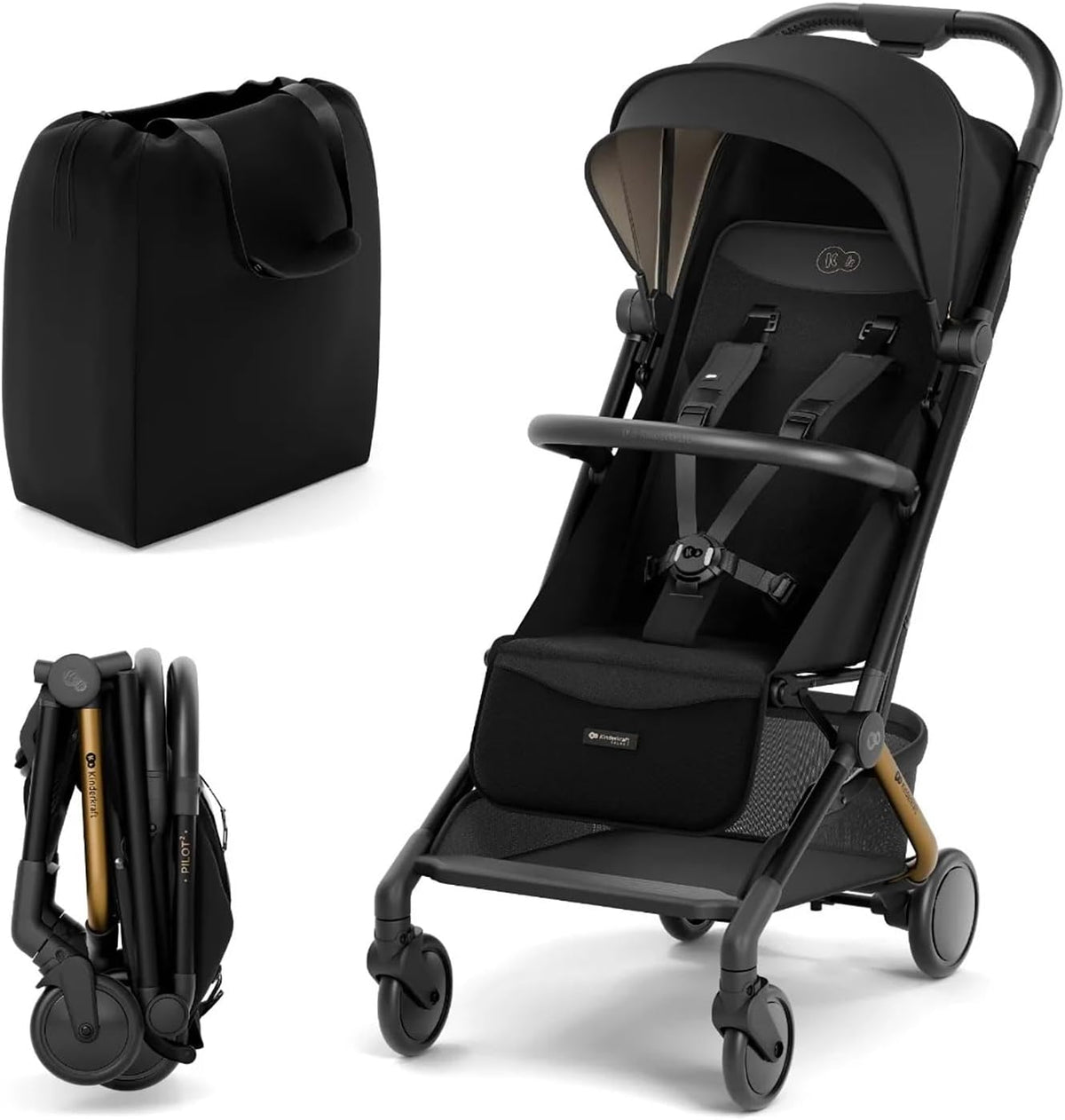 Kinderkraft PILOT 2 silla de paseo ligera - Hasta 22 kg con arnés 5 puntos - Plegado compacto 50 x 35 x 40 cm - Aluminio y tela negra con filtro UPF 50